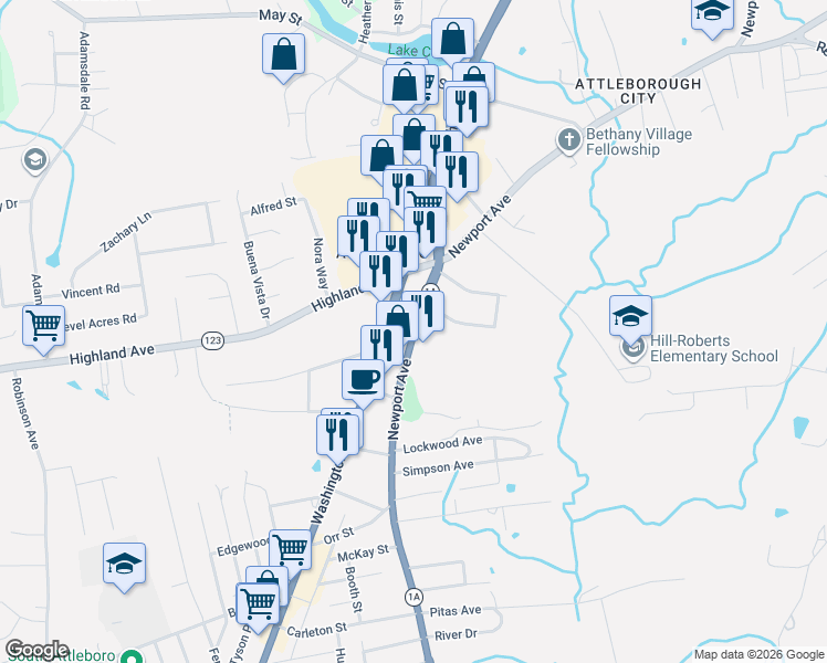 map of restaurants, bars, coffee shops, grocery stores, and more near 759 Newport Avenue in Attleboro