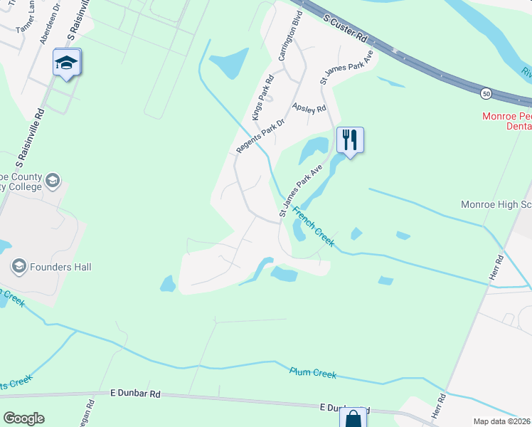 map of restaurants, bars, coffee shops, grocery stores, and more near 1012 Regents Park Drive in Monroe