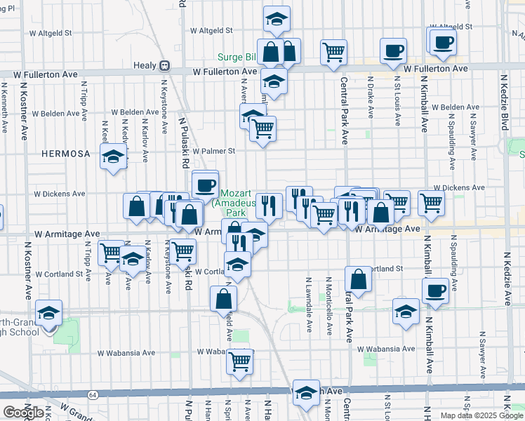 map of restaurants, bars, coffee shops, grocery stores, and more near 3780 West Armitage Avenue in Chicago