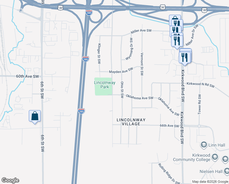 map of restaurants, bars, coffee shops, grocery stores, and more near 5701 J St SW in Cedar Rapids