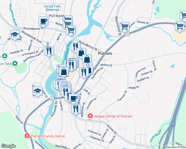 map of restaurants, bars, coffee shops, grocery stores, and more near 5 Centennial Street in Putnam