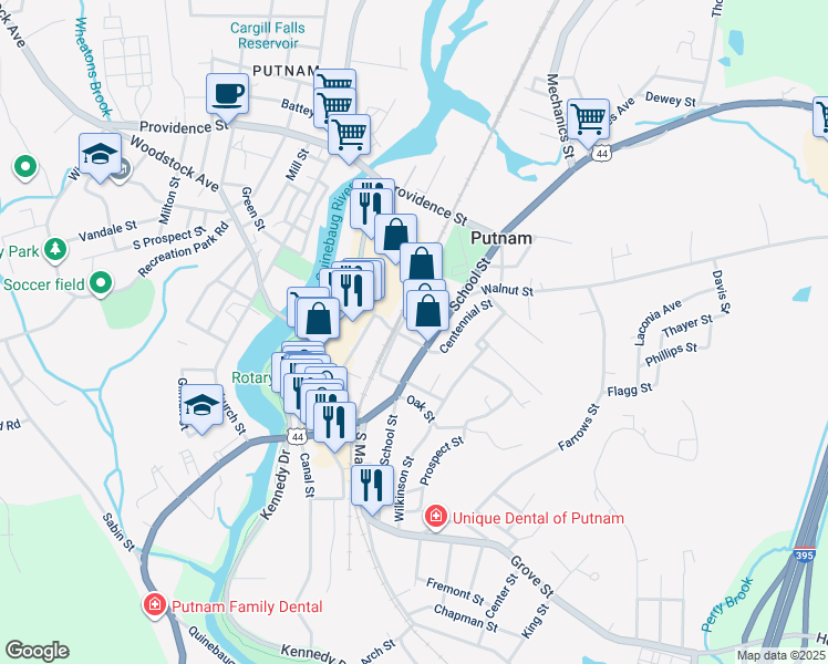 map of restaurants, bars, coffee shops, grocery stores, and more near 142 School Street in Putnam