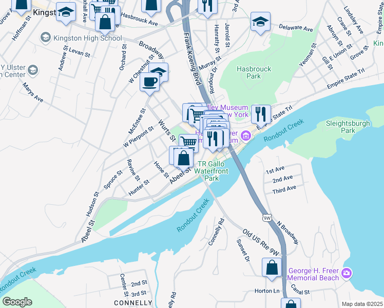 map of restaurants, bars, coffee shops, grocery stores, and more near 79 Abeel Street in Kingston
