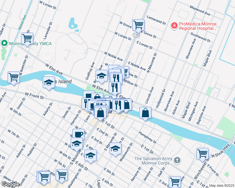 map of restaurants, bars, coffee shops, grocery stores, and more near 36 East Elm Avenue in Monroe