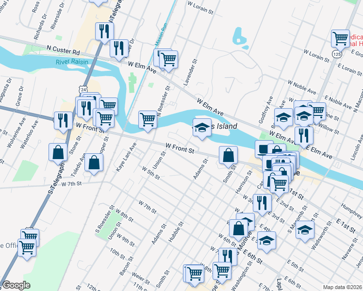 map of restaurants, bars, coffee shops, grocery stores, and more near 703 West 3rd Street in Monroe