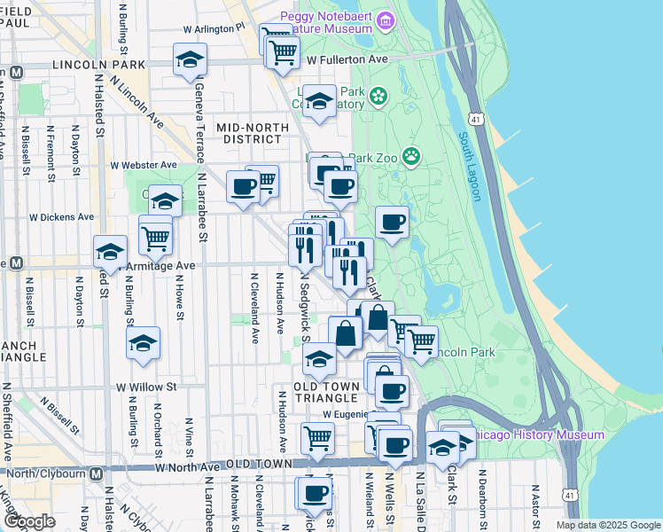map of restaurants, bars, coffee shops, grocery stores, and more near 1939 North Lincoln Avenue in Chicago