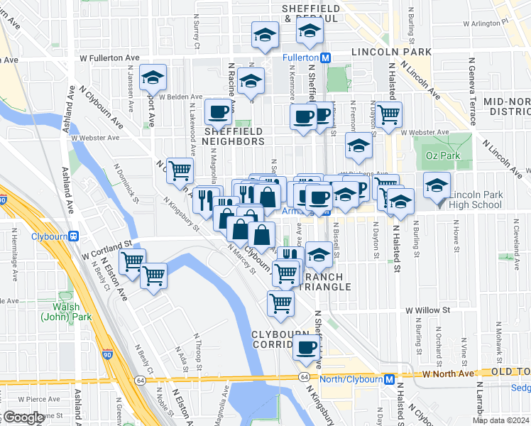 map of restaurants, bars, coffee shops, grocery stores, and more near 1965 F North Maud Avenue in Chicago