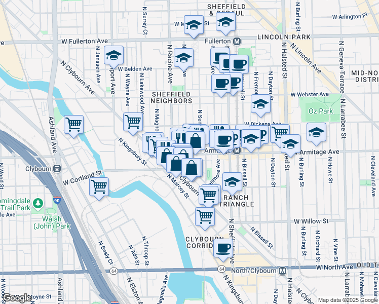 map of restaurants, bars, coffee shops, grocery stores, and more near 1965 F North Maud Avenue in Chicago