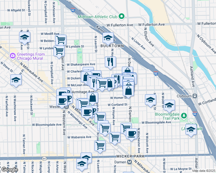 map of restaurants, bars, coffee shops, grocery stores, and more near 2121 West Armitage Avenue in Chicago
