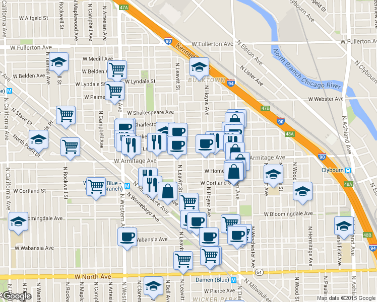 map of restaurants, bars, coffee shops, grocery stores, and more near 1955 North Leavitt Street in Chicago