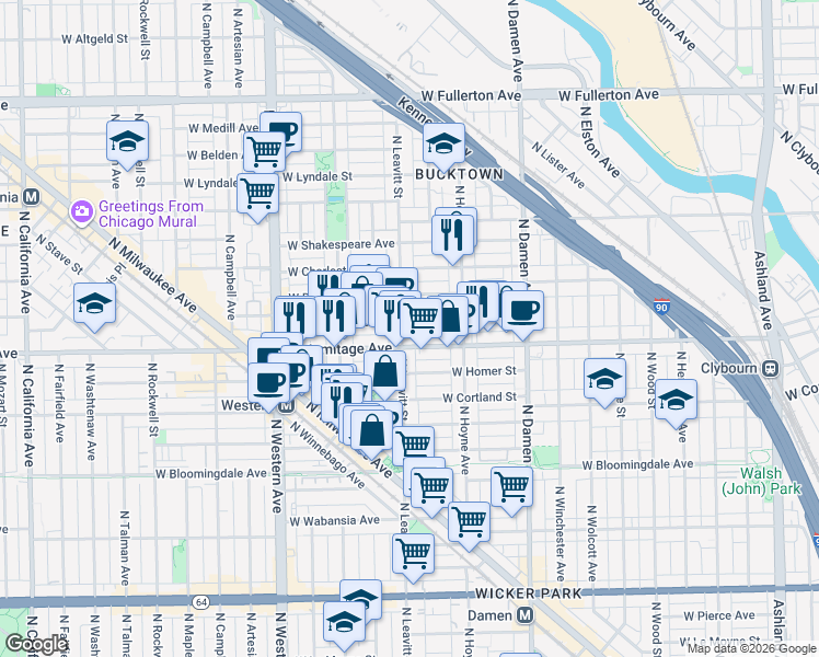 map of restaurants, bars, coffee shops, grocery stores, and more near 1955 North Leavitt Street in Chicago