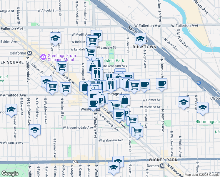 map of restaurants, bars, coffee shops, grocery stores, and more near 2313 West Armitage Avenue in Chicago