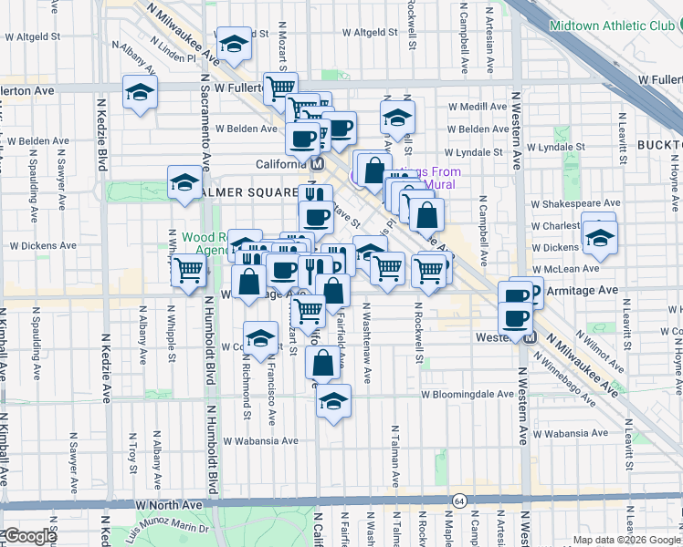 map of restaurants, bars, coffee shops, grocery stores, and more near 2728 West Armitage Avenue in Chicago