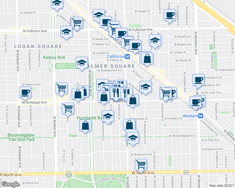 map of restaurants, bars, coffee shops, grocery stores, and more near 2842 West Armitage Avenue in Chicago