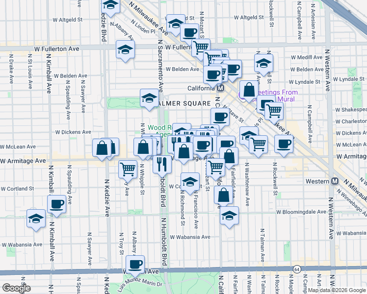 map of restaurants, bars, coffee shops, grocery stores, and more near 2930 West Armitage Avenue in Chicago