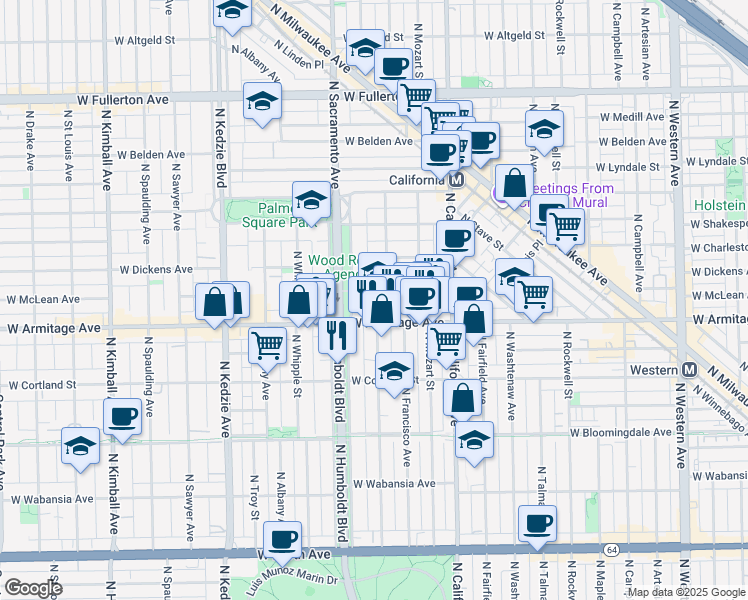map of restaurants, bars, coffee shops, grocery stores, and more near 2930 West Armitage Avenue in Chicago