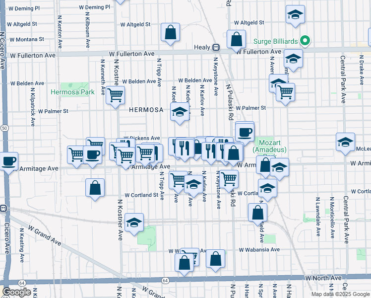 map of restaurants, bars, coffee shops, grocery stores, and more near in Chicago