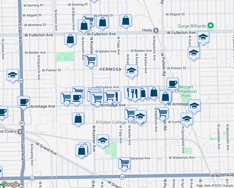 map of restaurants, bars, coffee shops, grocery stores, and more near 4254 West Armitage Avenue in Chicago