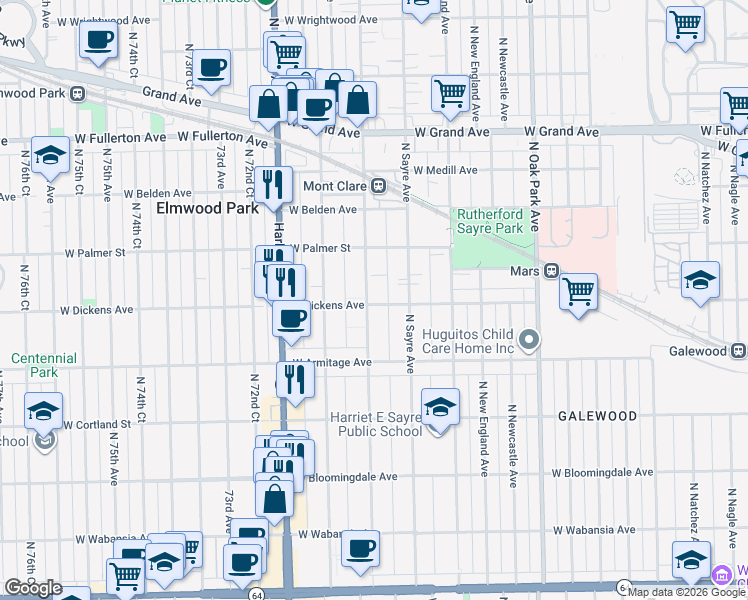 map of restaurants, bars, coffee shops, grocery stores, and more near 2044 North Nordica Avenue in Chicago