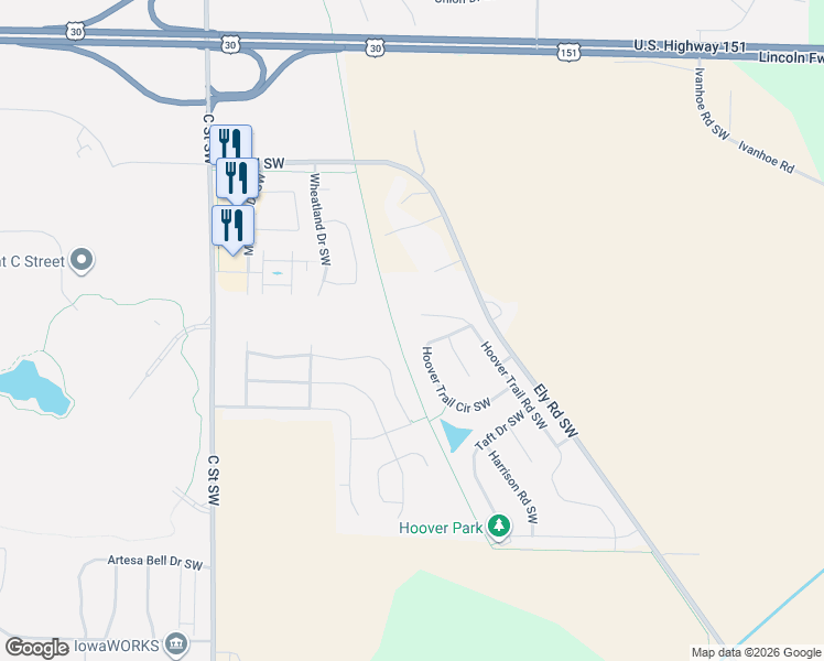 map of restaurants, bars, coffee shops, grocery stores, and more near 1619 Hoover Trail Circle Southwest in Cedar Rapids