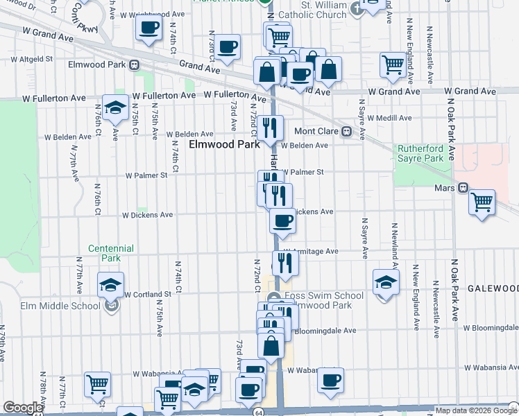 map of restaurants, bars, coffee shops, grocery stores, and more near 2103 North 72nd Court in Elmwood Park