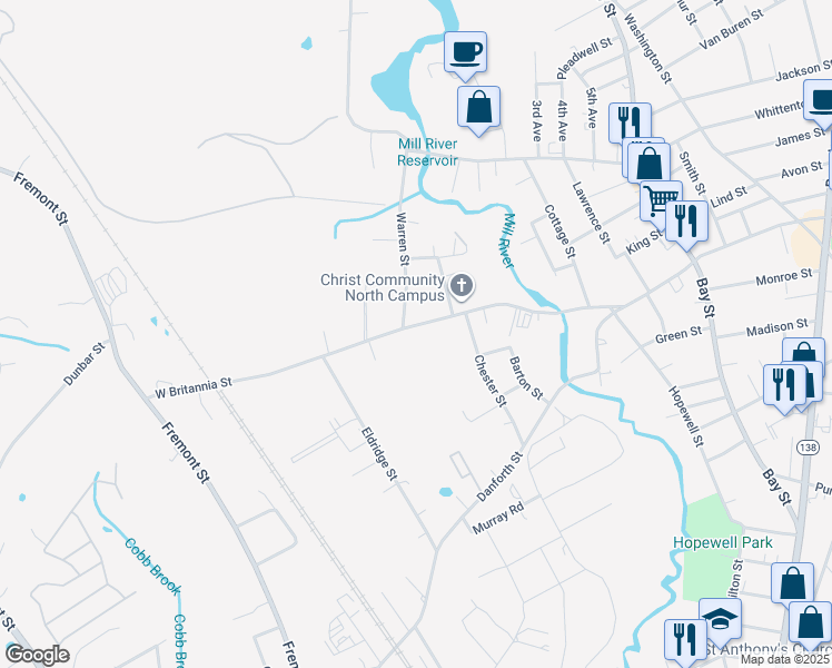 map of restaurants, bars, coffee shops, grocery stores, and more near 312 West Britannia Street in Taunton