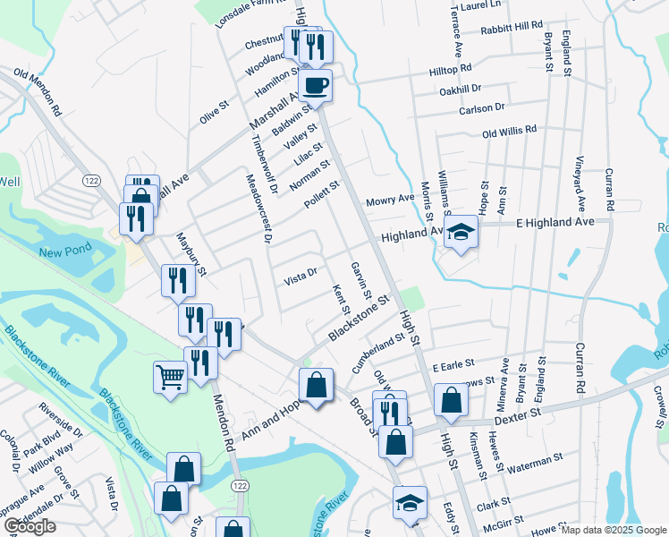 map of restaurants, bars, coffee shops, grocery stores, and more near 33 Kent Street in Cumberland