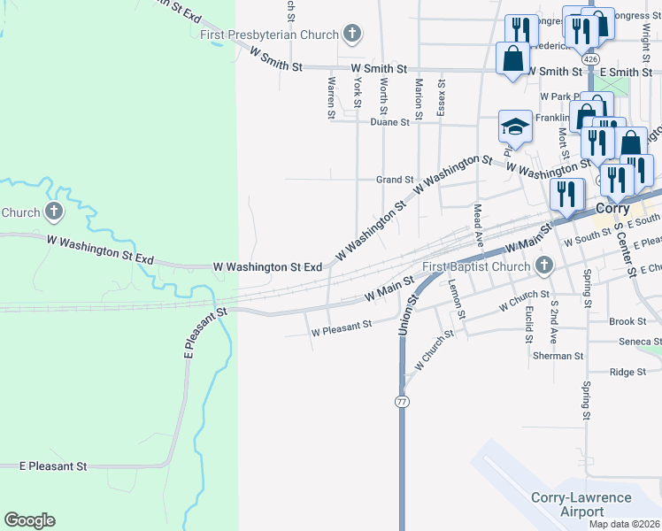 map of restaurants, bars, coffee shops, grocery stores, and more near 799 W Washington St in Corry