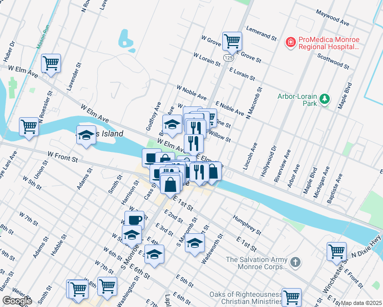 map of restaurants, bars, coffee shops, grocery stores, and more near in Monroe