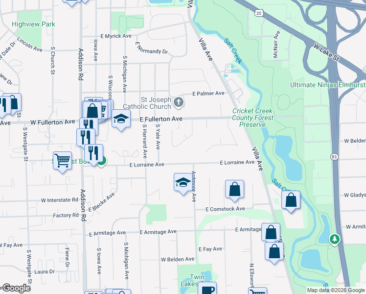 map of restaurants, bars, coffee shops, grocery stores, and more near 424 Ardmore Terrace in Addison