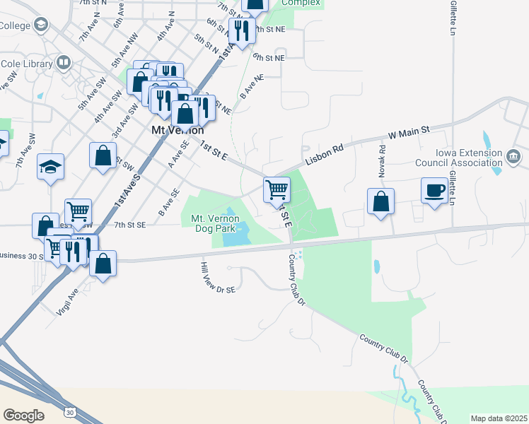 map of restaurants, bars, coffee shops, grocery stores, and more near 711 Meadow Lane Court in Mount Vernon