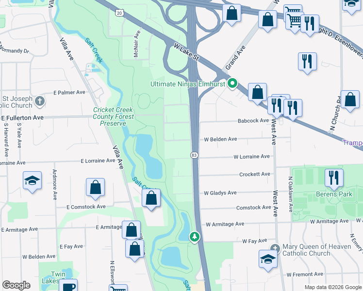 map of restaurants, bars, coffee shops, grocery stores, and more near 916 East Krage Drive in Addison