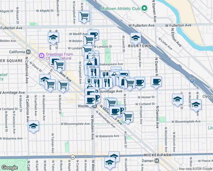 map of restaurants, bars, coffee shops, grocery stores, and more near 2020 North Oakley Avenue in Chicago