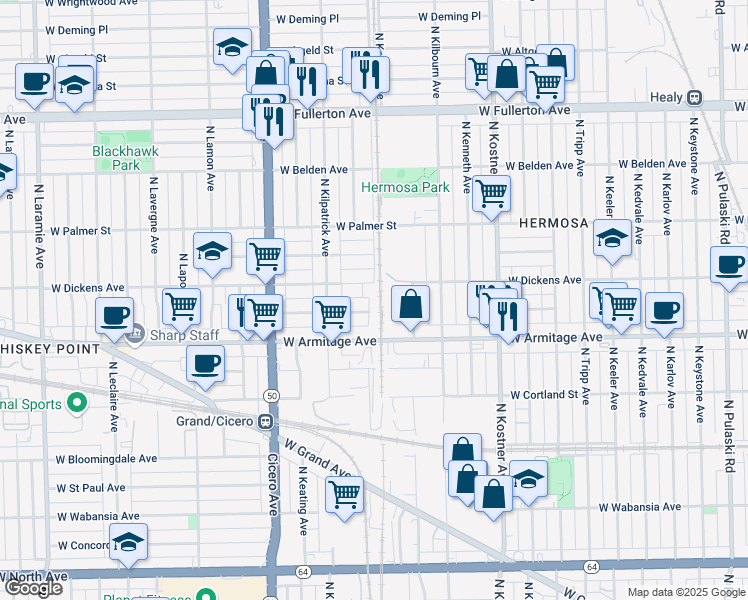 map of restaurants, bars, coffee shops, grocery stores, and more near 4550 W Dickens Ave in Chicago