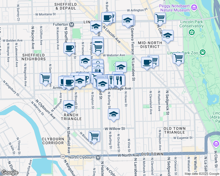 map of restaurants, bars, coffee shops, grocery stores, and more near 724 West Armitage Avenue in Chicago