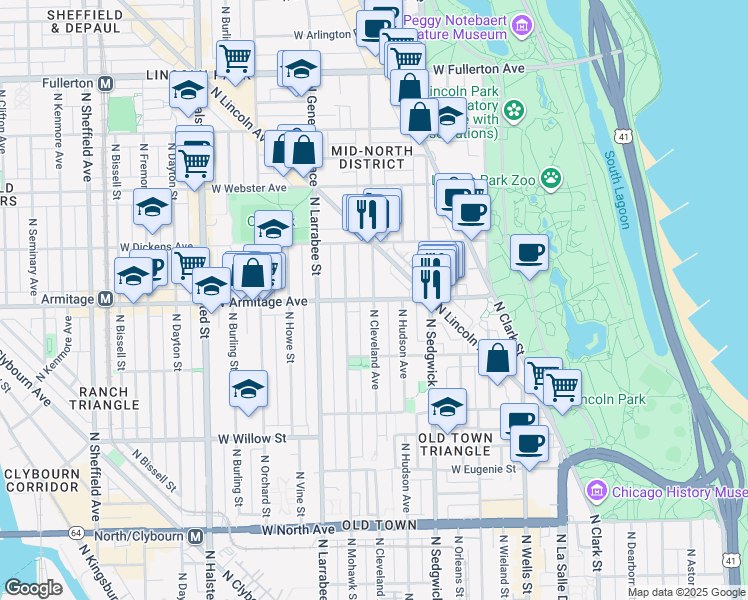 map of restaurants, bars, coffee shops, grocery stores, and more near W Armitage Ave & N Cleveland Ave in Chicago