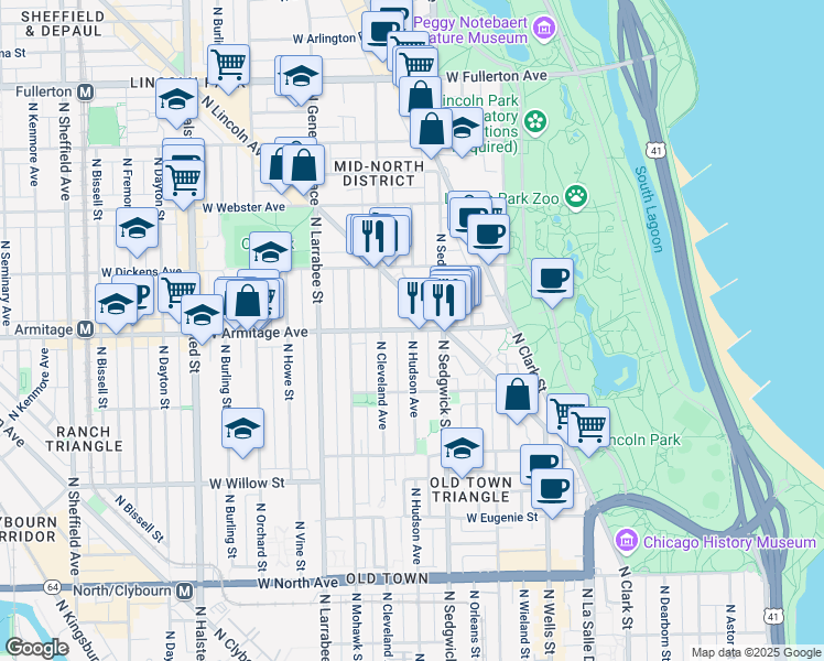 map of restaurants, bars, coffee shops, grocery stores, and more near West Armitage Avenue & North Hudson Avenue in Chicago
