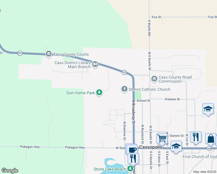 map of restaurants, bars, coffee shops, grocery stores, and more near Don Horne Park Road in Cassopolis