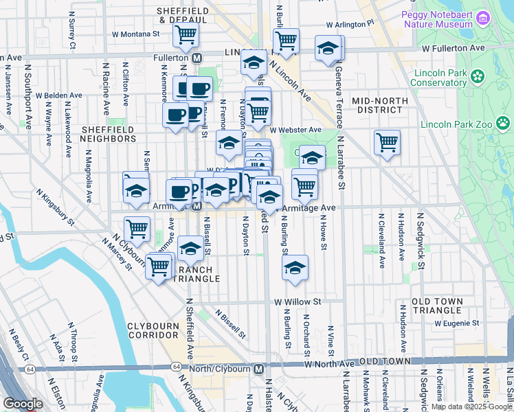 map of restaurants, bars, coffee shops, grocery stores, and more near 2023 North Dayton Street in Chicago