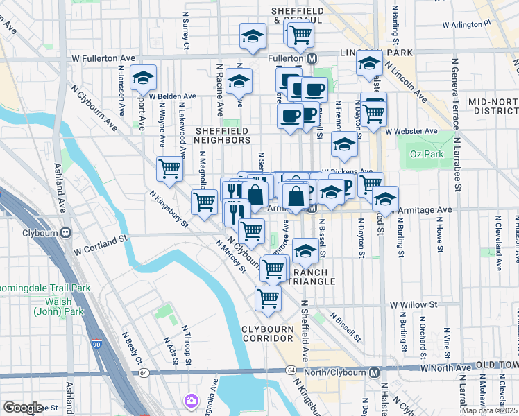 map of restaurants, bars, coffee shops, grocery stores, and more near 2033 North Seminary Avenue in Chicago