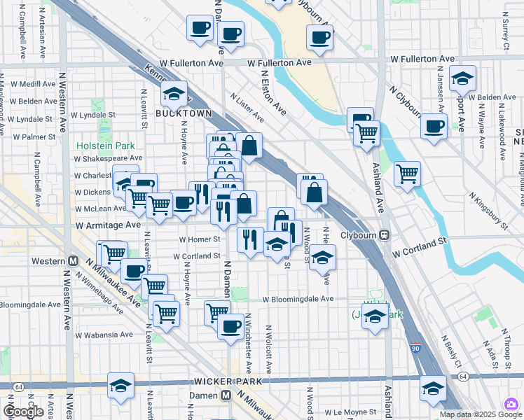 map of restaurants, bars, coffee shops, grocery stores, and more near 2039 North Wolcott Avenue in Chicago
