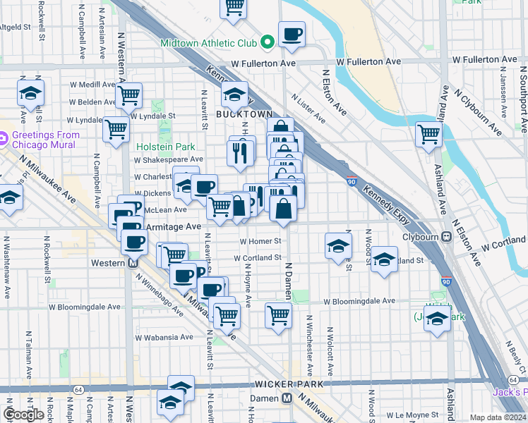 map of restaurants, bars, coffee shops, grocery stores, and more near 2049 West Dickens Avenue in Chicago