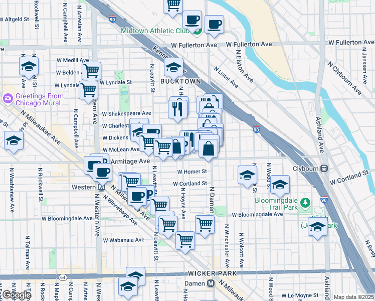 map of restaurants, bars, coffee shops, grocery stores, and more near 2049 West Dickens Avenue in Chicago