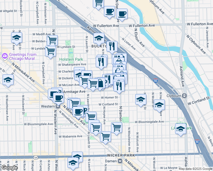 map of restaurants, bars, coffee shops, grocery stores, and more near 2049 West Dickens Avenue in Chicago