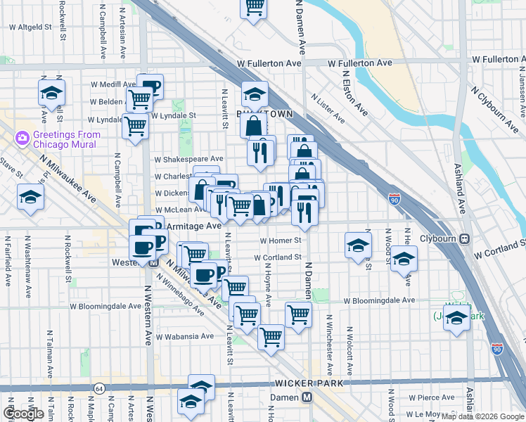 map of restaurants, bars, coffee shops, grocery stores, and more near 2119 West Dickens Avenue in Chicago