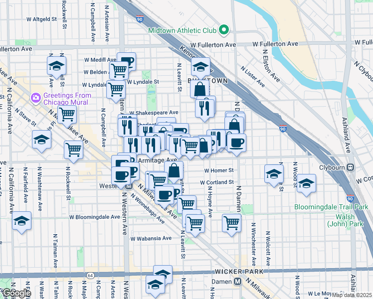 map of restaurants, bars, coffee shops, grocery stores, and more near 2049 North Leavitt Street in Chicago