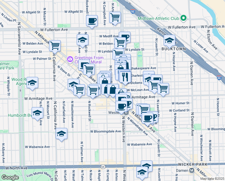 map of restaurants, bars, coffee shops, grocery stores, and more near in Chicago