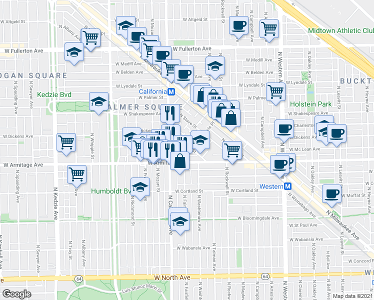 map of restaurants, bars, coffee shops, grocery stores, and more near 2123 North Point Street in Chicago
