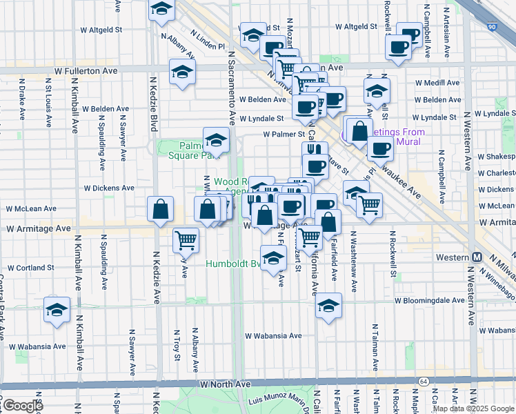 map of restaurants, bars, coffee shops, grocery stores, and more near 2907 West Dickens Avenue in Chicago