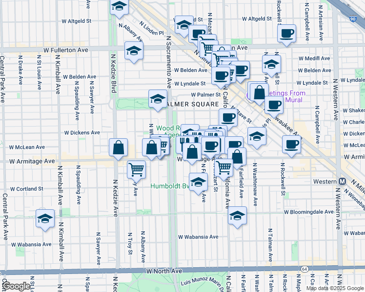 map of restaurants, bars, coffee shops, grocery stores, and more near 2907 West Dickens Avenue in Chicago